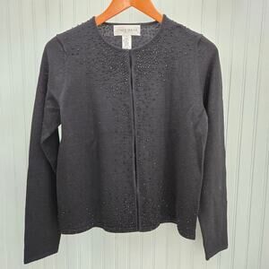 New Jones Wear Petite Black Beaded Scoop Neck Cardigan